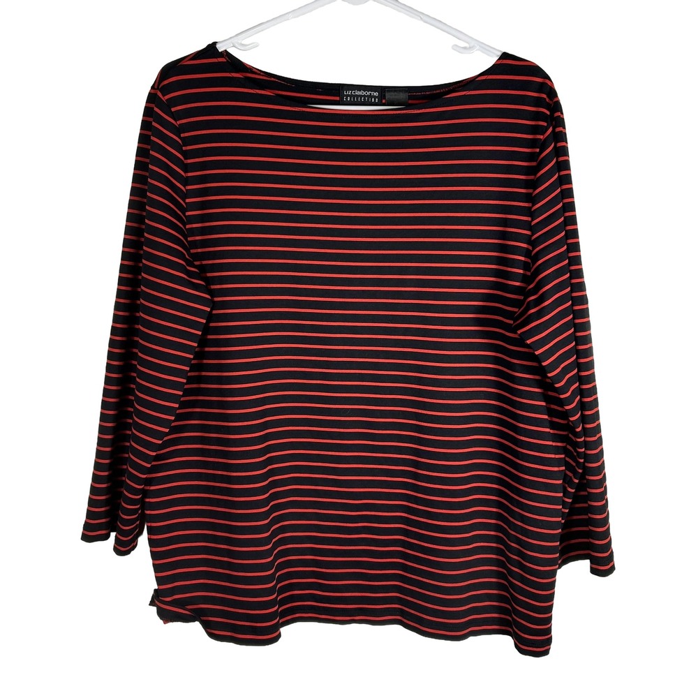 Liz‎ Claiborne Collection Womens XL Black Red Striped Boat Neck Long Sleeve Top